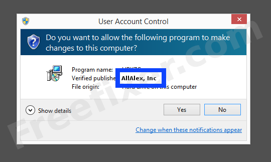 Screenshot where AllAlex, Inc appears as the verified publisher in the UAC dialog
